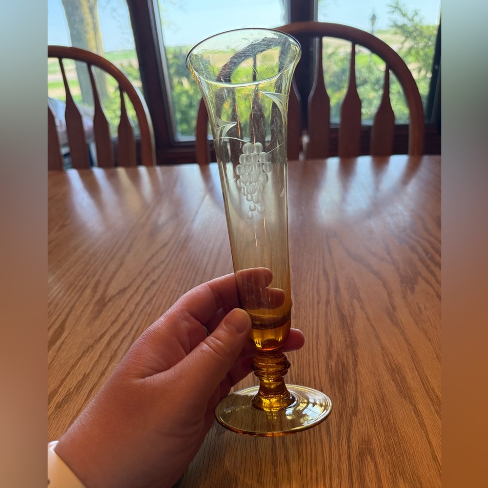 Vintage Amber Etched Glass Bud Vase